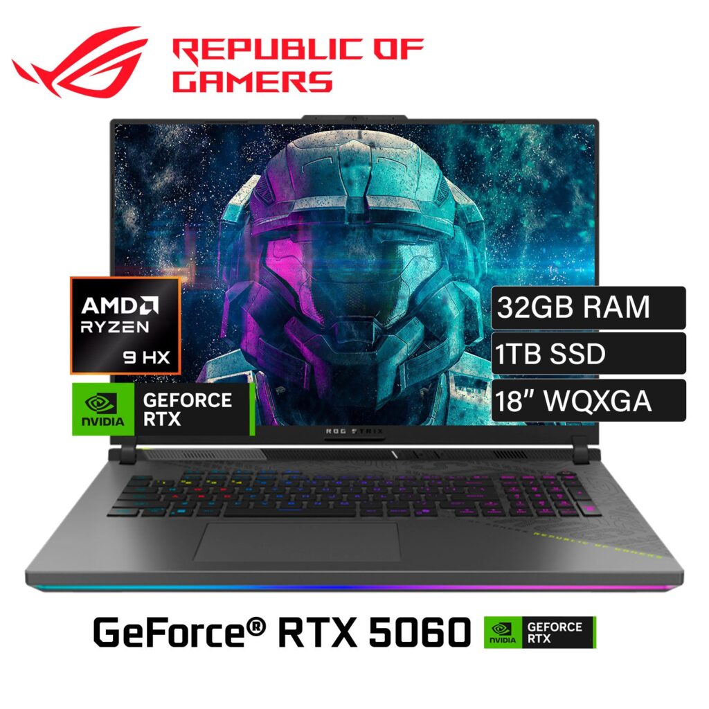 Laptop Asus ROG Strix G18 (2025) G814PM-ES96 Ryzen 9 8940HX RAM 32GB Disco 1TB SSD Video Nvidia RTX 5060 18″ WQXGA Windows 11 (90NR0L28-M000A0)