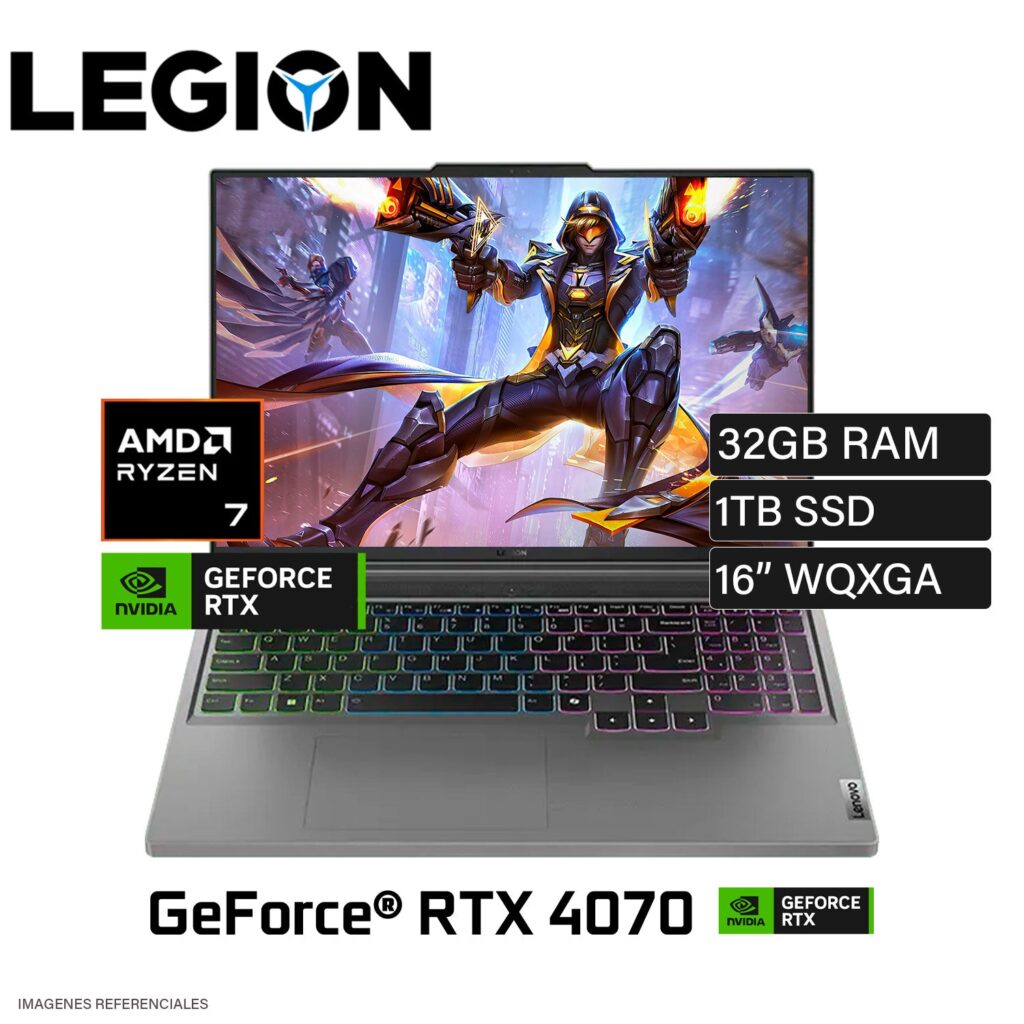Laptop Lenovo Legion Slim 5 16AHP9 Ryzen 7 8845HS Ram 32GB Disco 1TB SSD Video Nvidia RTX 4070 8GB 16″ WQXGA FreeDos (83DH0087LMR32)