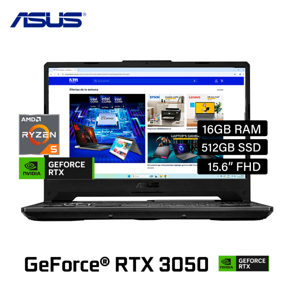 Laptop Asus TUF FA506NC-HN016 A15 Ryzen 5 7535HS Ram 16GB Disco 512GB SSD Video RTX 3050 4GB 15.6″FHD FreeDos (90NR0JF7-M009K0)