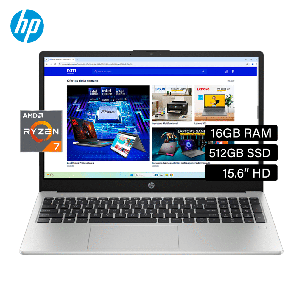 Laptop HP 255 G10 Ryzen 7 7730U RAM 16GB Disco 512GB SSD 15.6″ HD FreeDos (B03E1LT#ABM)