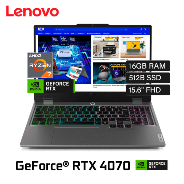 Laptop Lenovo LOQ 15ARP9 Ryzen 7 7435HS RAM 16GB Disco 512GB SSD Video RTX 4070 8GB 15.6″ FHD Windows 11 (83JC009CUS)