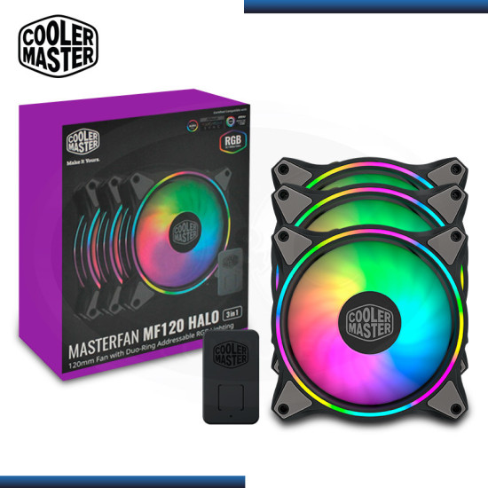 COOLER MASTER MASTERFAN MF120 HALO RGB PACKx3 120MM + CONTROLADOR COOLER PARA CASE (PN:MFL-B2DN-183PA-R1)