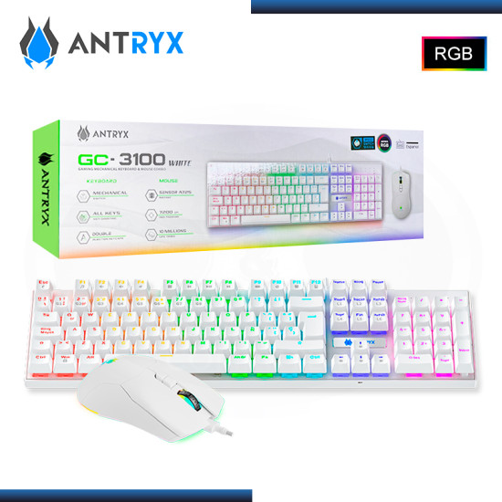 KIT ANTRYX GC3100 RGB WHITE TECLADO MECANICO SWITCH BLUE + MOUSE (PN:AGC-3100WBL-SP)