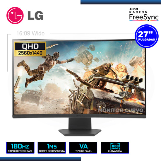 MONITOR LED 27″ LG 27GS60QC-B ULTRAGEAR CURVO 2560×1440 HDMI DP 1MS/180Hz/AMD FREESYNC