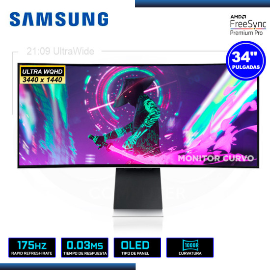 MONITOR OLED 34″ SAMSUNG LS34BG850SNXZA-B G8 GAMING ODYSSEY SMART CURVO 3440×1440 HDMI MIN-DP 0.03MS/175Hz/ FREESYNC PREMIUM PRO
