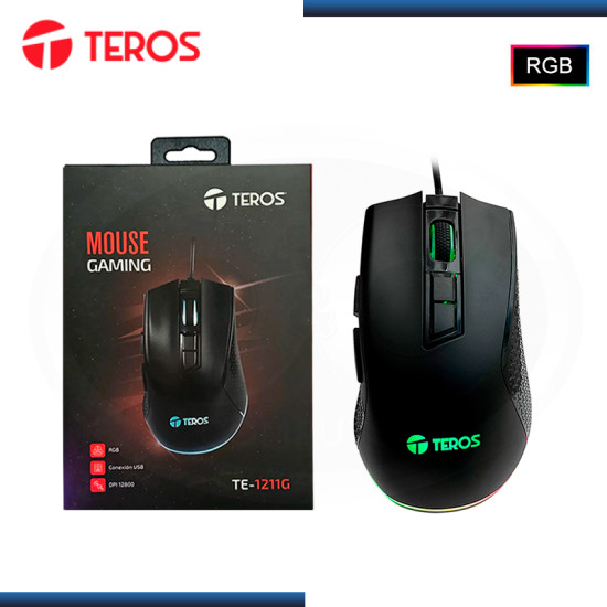 MOUSE TEROS TE-1211G RGB BLACK 12,800 DPI CONEXION WIRED USB